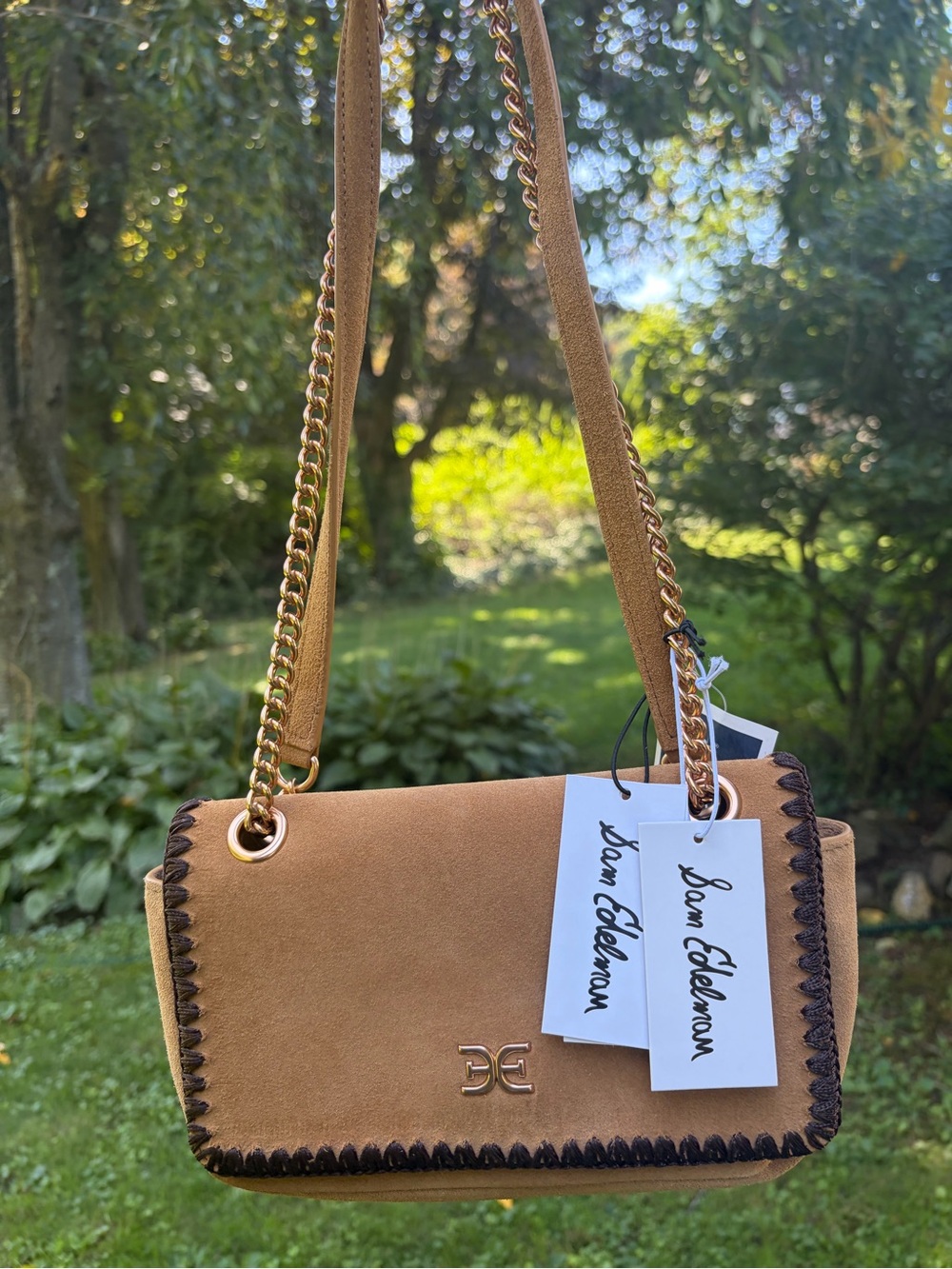 NWT: Sam Edelman Tan Suede Kiara Convertible Bag With Gold Chain